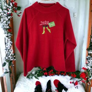 Relevant Products Embroidered Boots Fleece Sweater Womens L Red Mock Neck Raglan